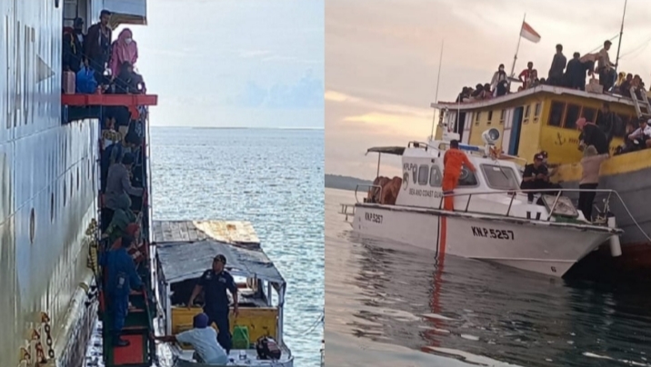Penyelamatan Penumpang Kapal Motor (KM) Sabuk Nusantara 91 usai kandas setelah menabrak karang di Pulau Setabok