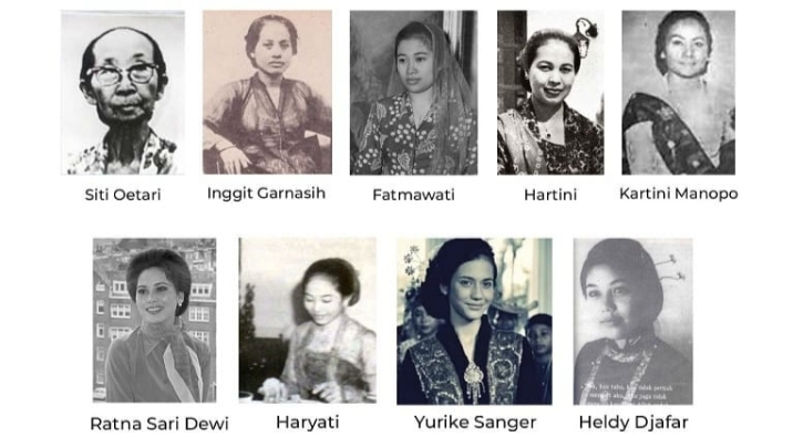 9 istri Soekarno dari kanan atas . Siti Oetari.inggit Gamasih, Fatmawati, Hartini, Kartini Manoppo, Ratna Sari Dewi, Haryati,Yurike dan Heldy